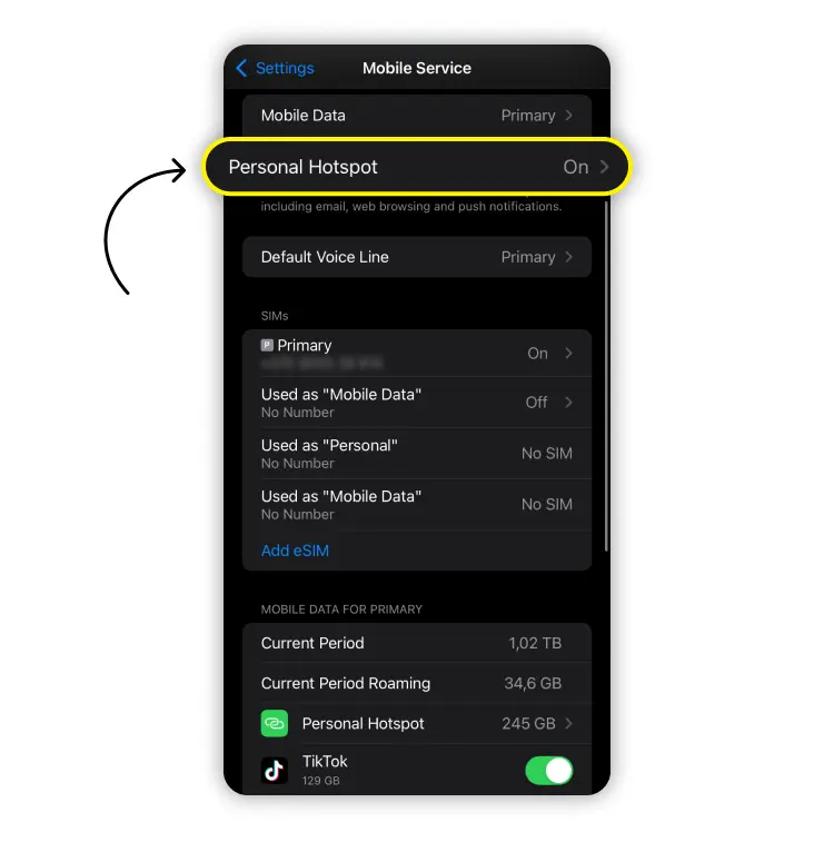 Check hotspot data usage on iPhone: step 2