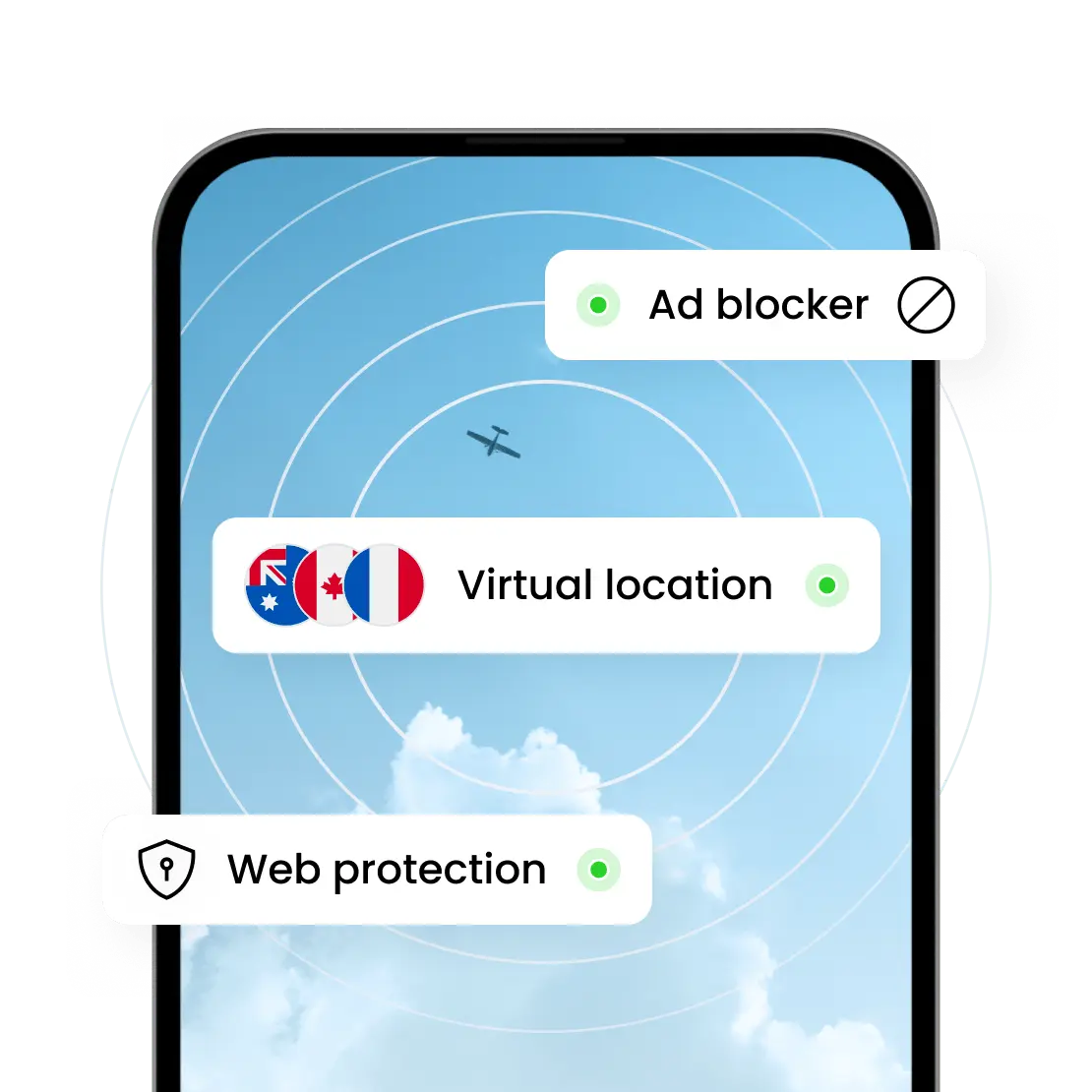 Saily’s security features include ad blocker, virtual location, and web protection.