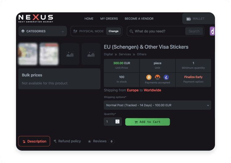 Dark web listing offering EU visa stickers for sale.