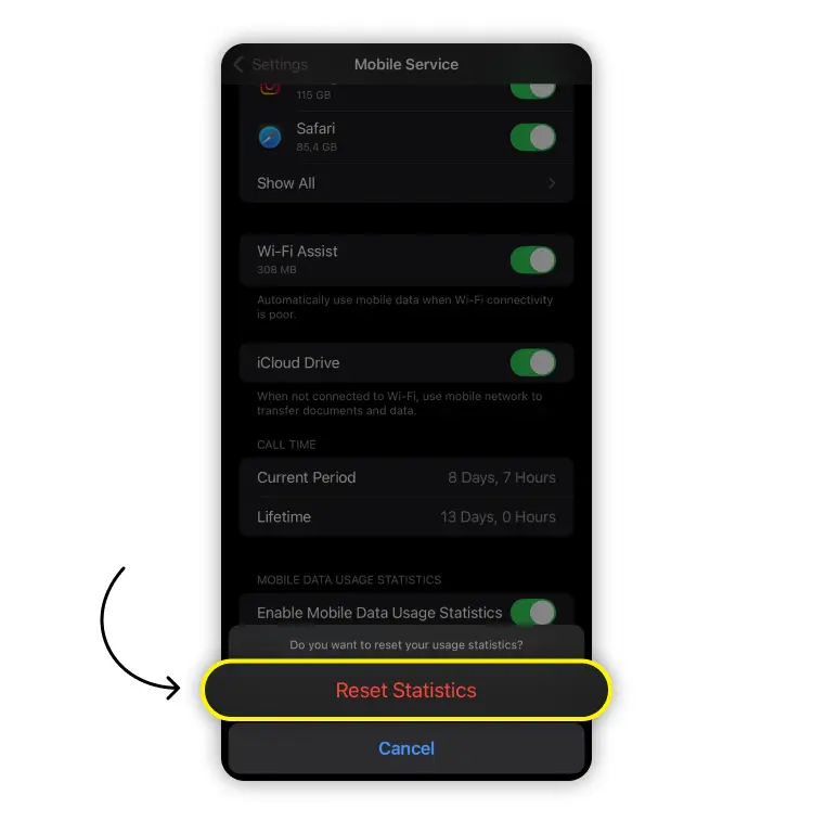 Reset hotspot data usage statistics on iPhone: step 2