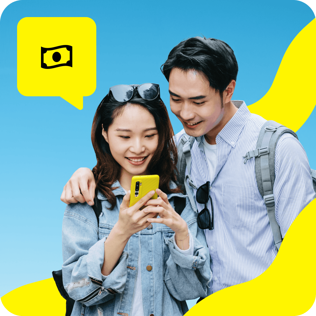 携帯電話を見ている2人の人物