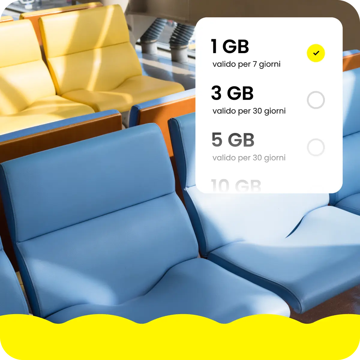 Sedie vuote in un aeroporto e piani dati eSIM da utilizzare in viaggio visibili nell'angolo in alto a destra.