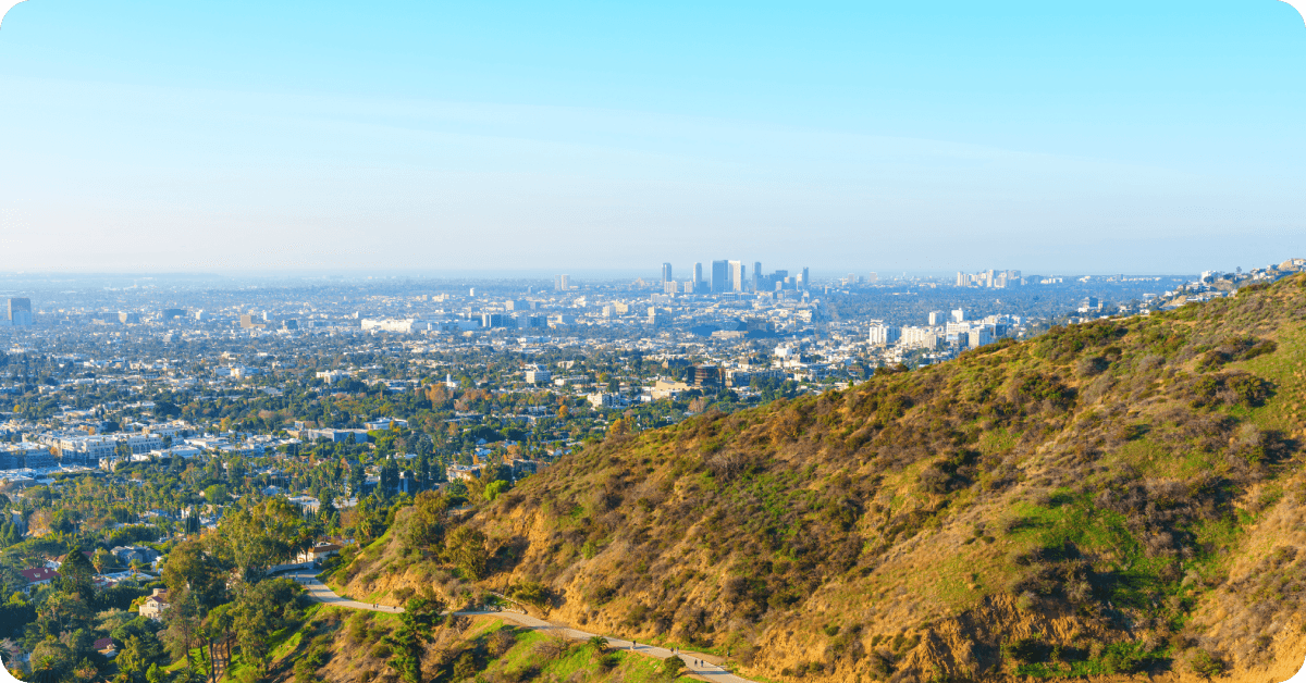Hot summer sun shines on a Los Angeles skyline.