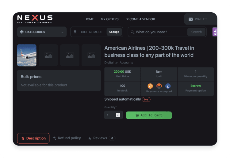 Dark web listing offering stolen airline accounts for sale.