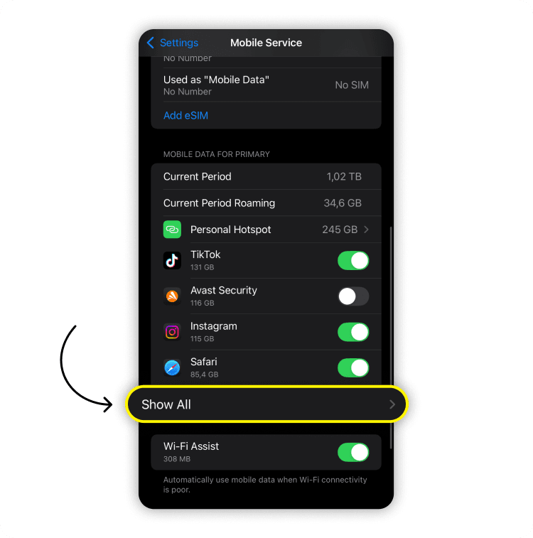 Find data-hungry apps on iPhone: step 3