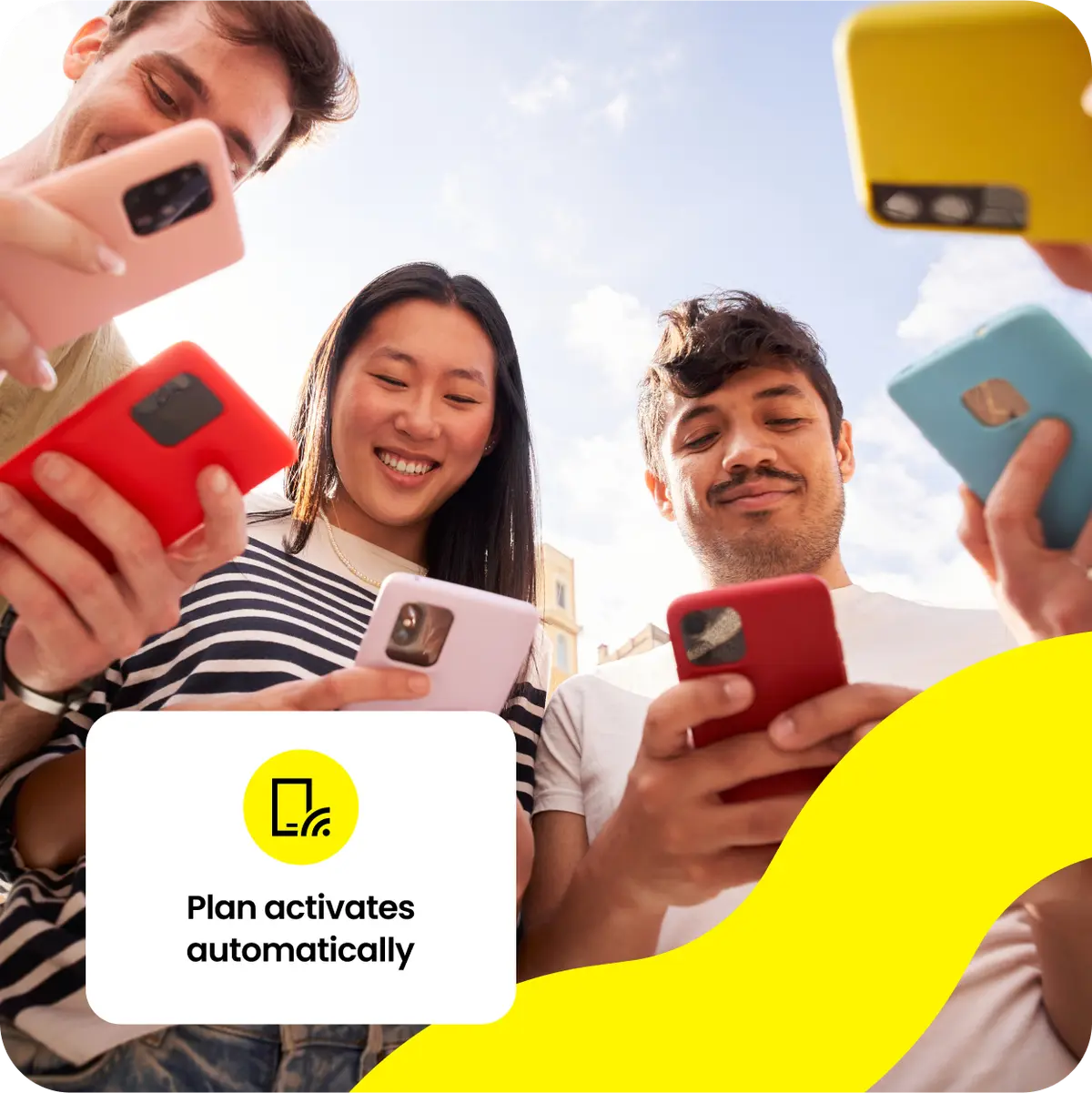 A group of happy friends activating their eSIM plans.