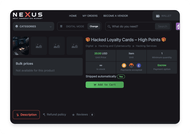 Dark web listing offering hacked loyalty cards for sale