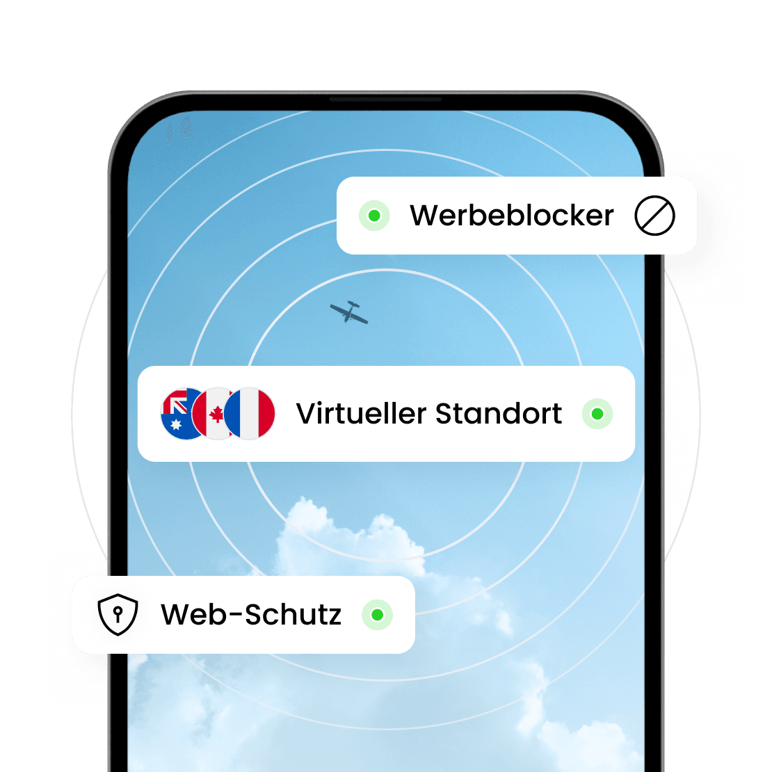 Zu den Sicherheitsfunktionen von Saily gehören Werbeblocker, virtueller Standort und Webschutz.
