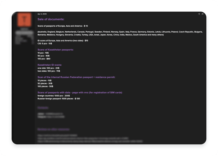 Dark web listing offering scans of passports and residence permits for sale.
