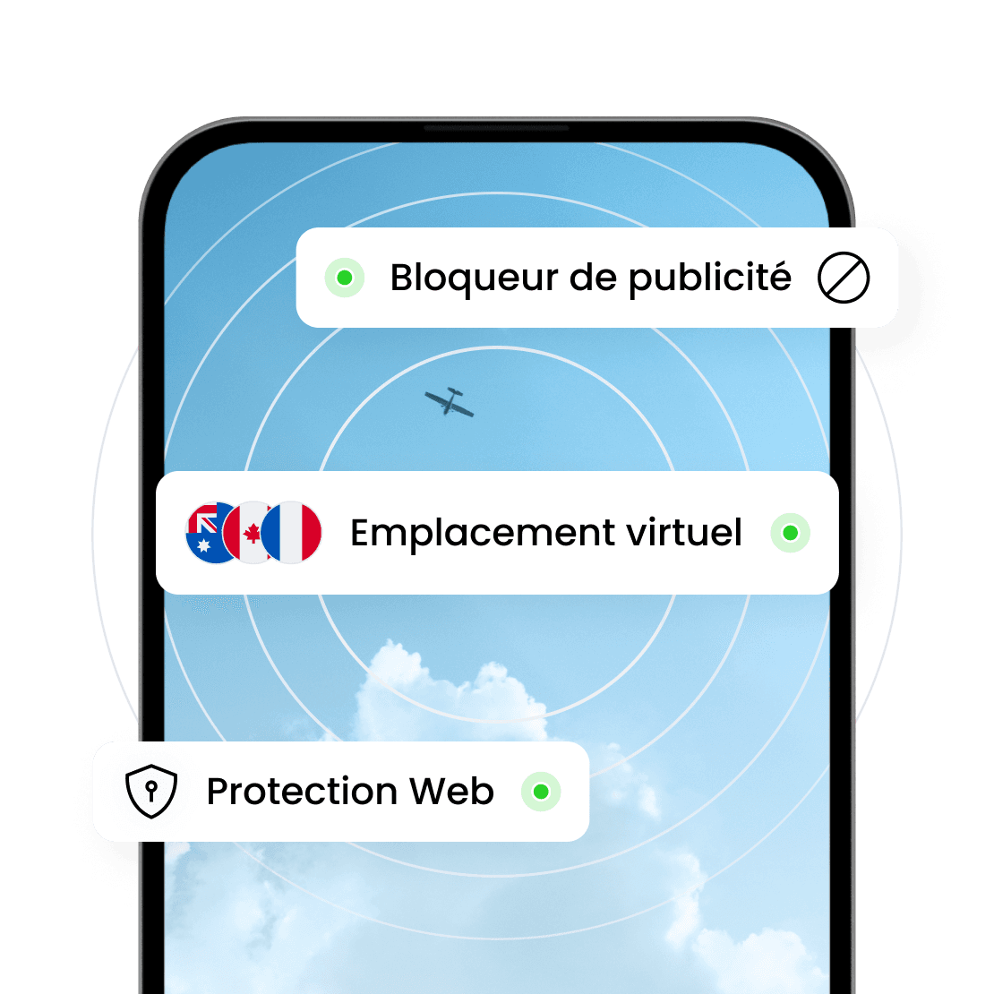 Les fonctions de sécurité de Saily comprennent un bloqueur de publicités, une localisation virtuelle et une protection web.