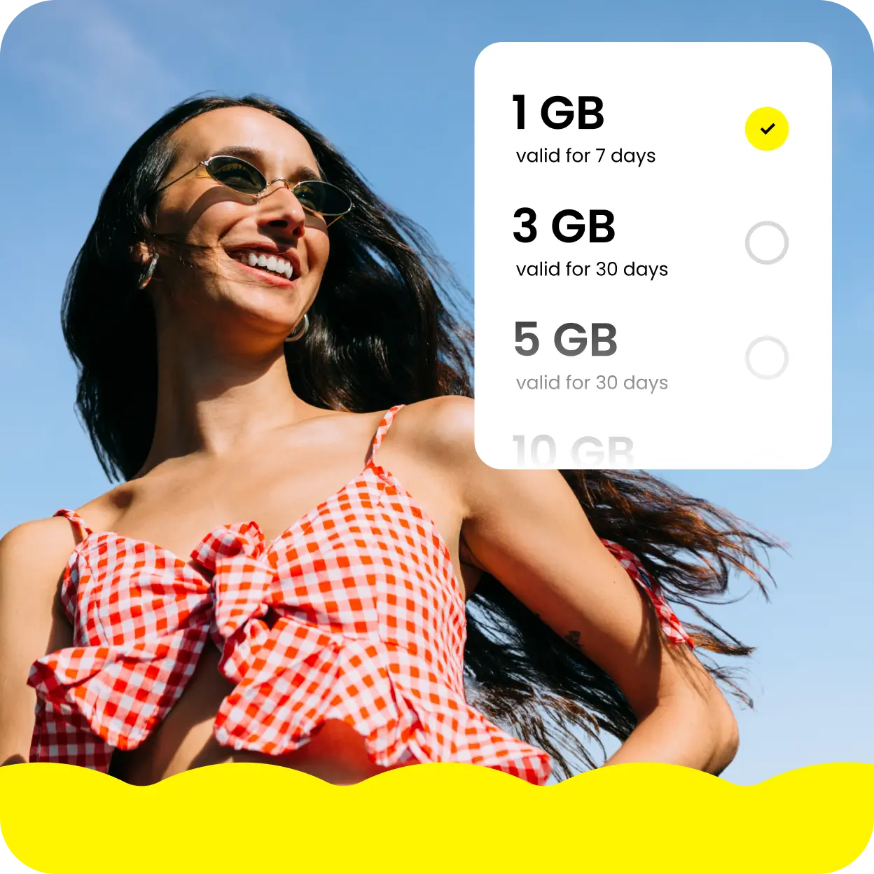 A woman enjoys the sun after choosing her 1GB eSIM data plan.