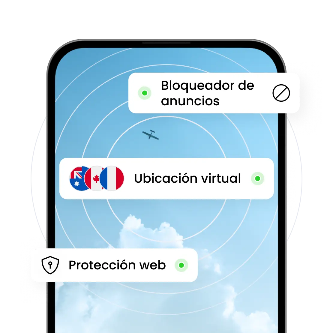Las funciones de seguridad de Saily incluyen bloqueador de anuncios, ubicación virtual y protección web.
