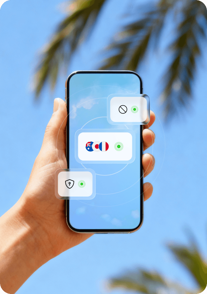 A phone screen showing Saily’s global coverage and security features.