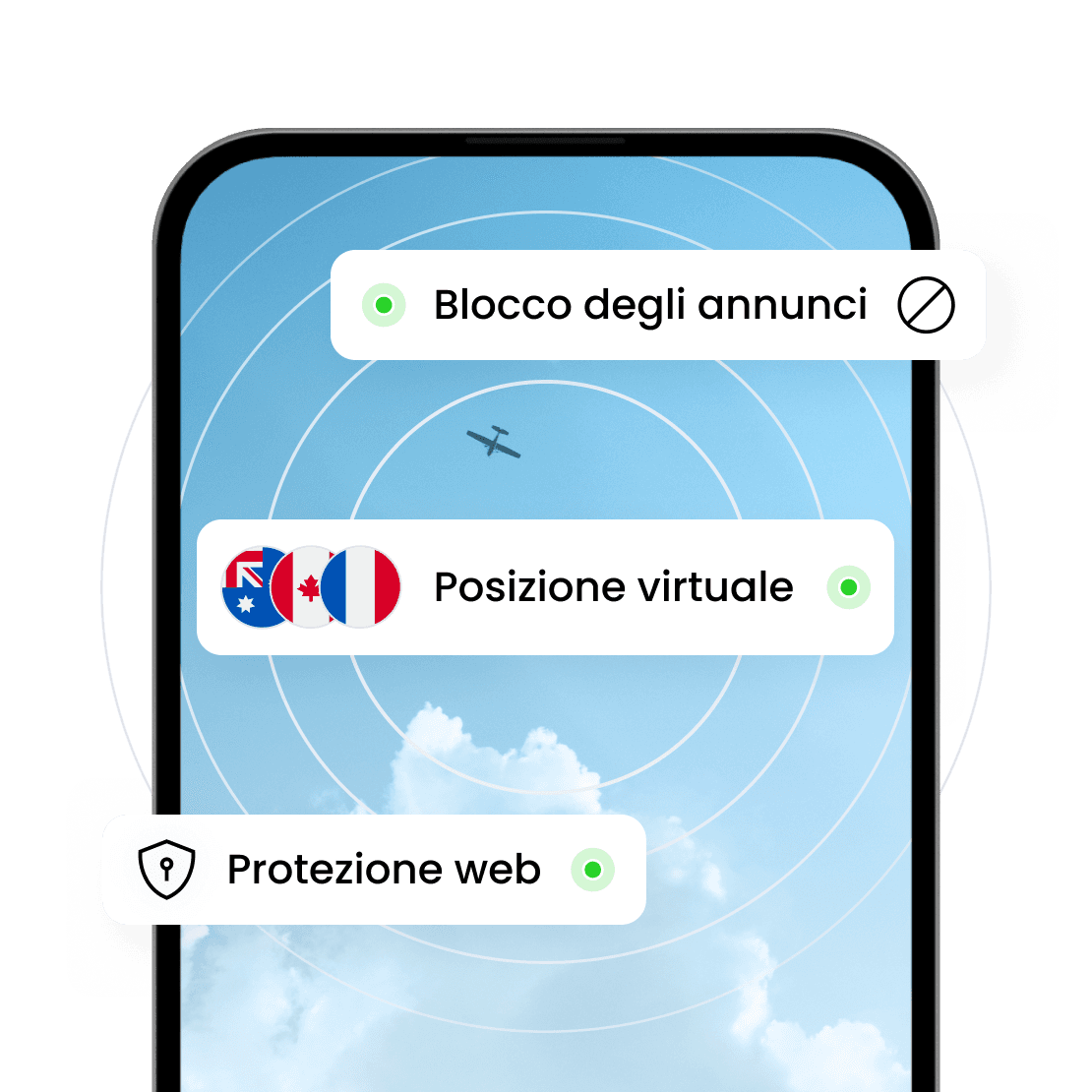 Le funzionalità di sicurezza di Saily includono il blocco degli annunci, la posizione virtuale e la protezione web.