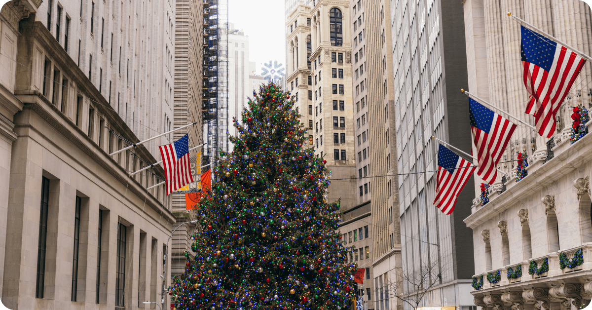 A Christmas tree stands in the middle of New York City.