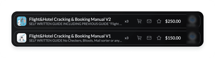 Dark web listings offering guides for hacking flight and hotel booking systems for sale.