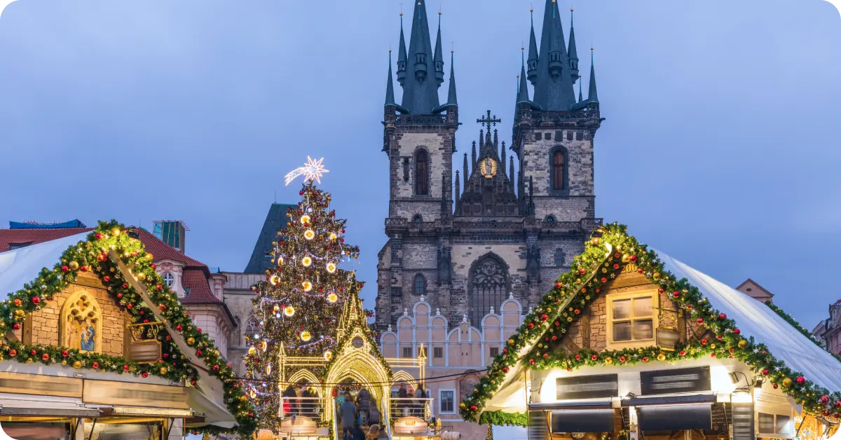 A Christmas market in Prague, Czechia during winter.