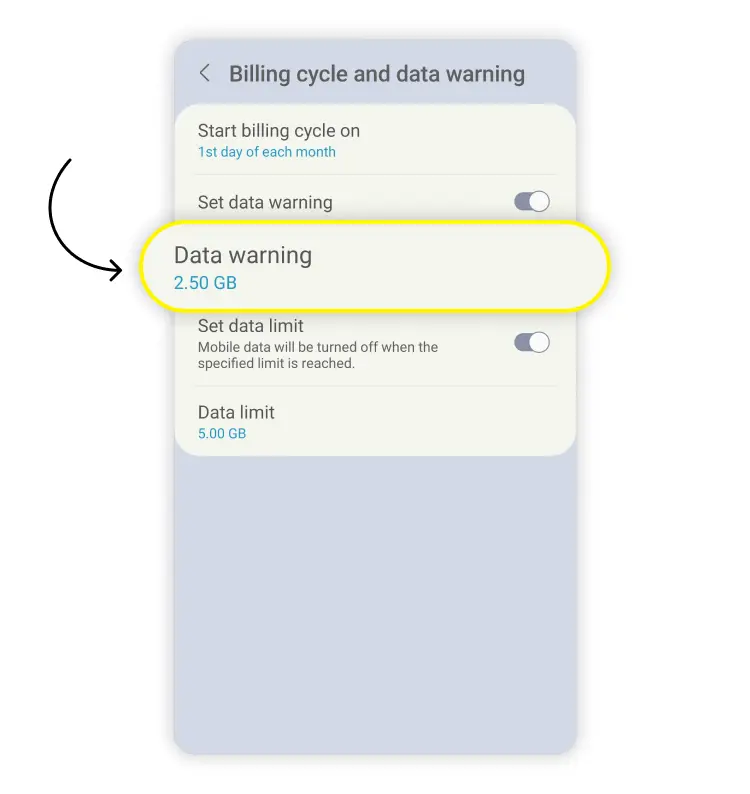 Set data warning on Android: step 4