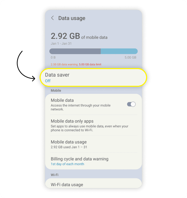Activate data saver on Android: step 3