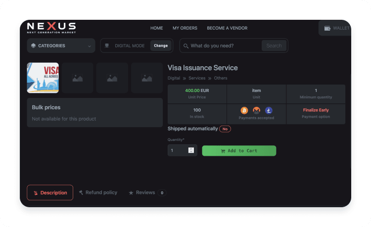 Dark web listing offering fake visa issuance services for sale.