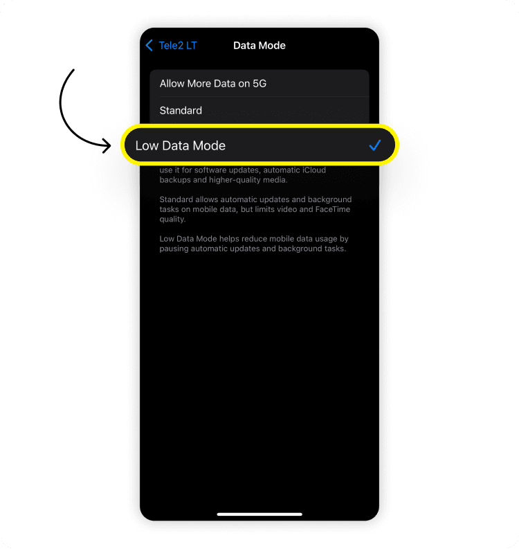How to enable low data mode: step 4