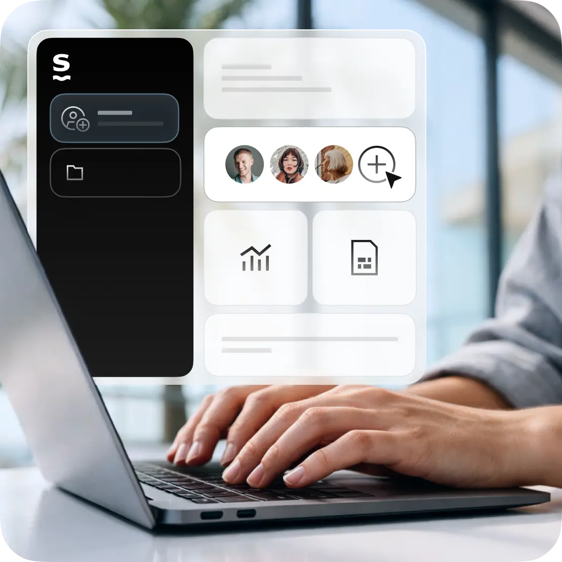 Interfaz del panel de control empresarial que muestra la gestión del equipo, los análisis y los perfiles de usuario en un portátil.