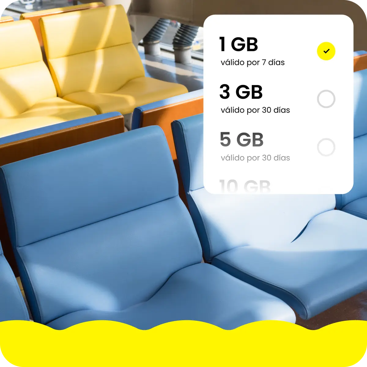 Asientos de aeropuerto vacíos con los planes de datos de viaje eSIM mostrados en la esquina superior derecha.