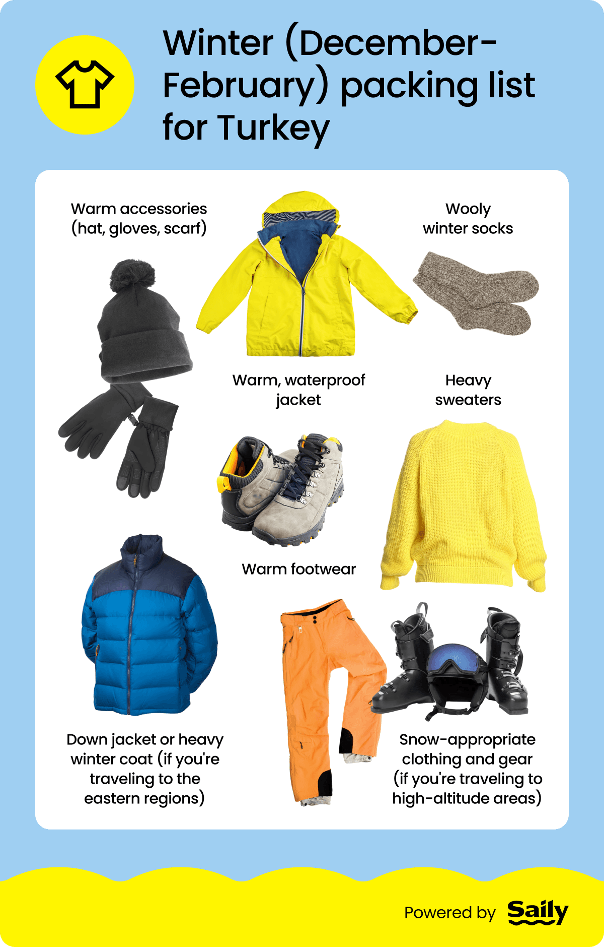 A flat lay of winter travel essentials for Turkey, such as a hat, scarf, gloves, thick socks, and insulated boots.