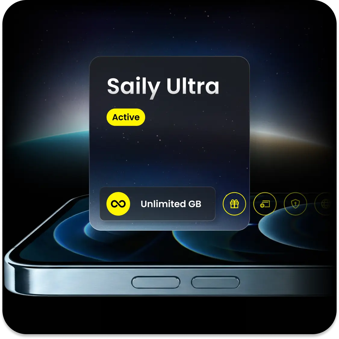 Saily Ultra plan on a smartphone screen, offering unlimited mobile data and other benefits.