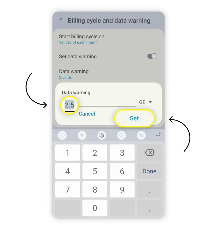 Set data warning on Android: step 5