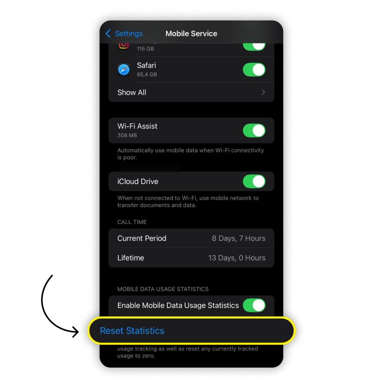 Reset hotspot data usage statistics on iPhone: step 1
