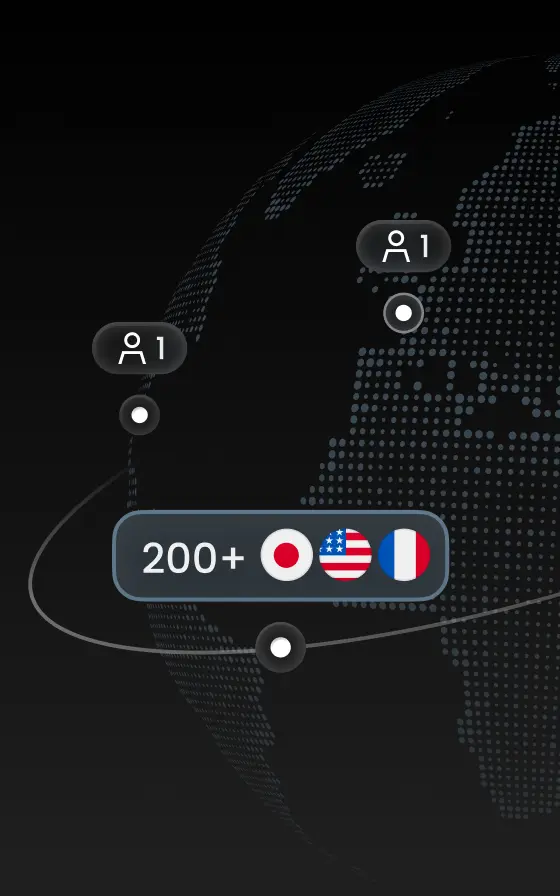 Mapa de cobertura de red que destaca +200 países compatibles con conectividad internacional.