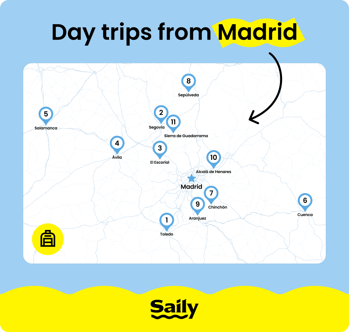 A map of the 11 best day trips to take from Madrid.