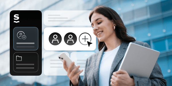 A smiling woman using her phone, which mirrors the Saily business dashboard.