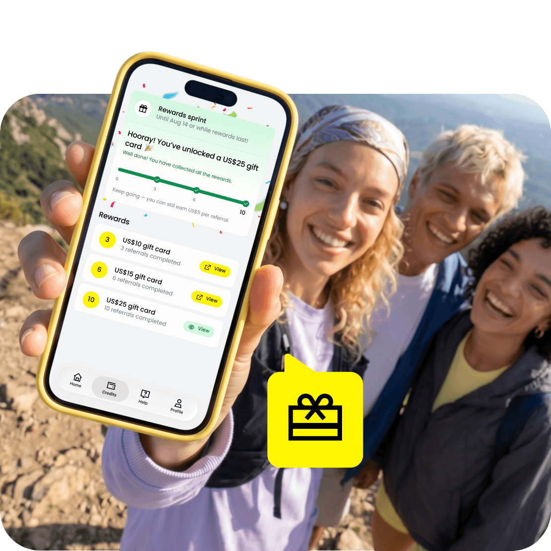 A phone shows the Saily eSIM app and its supported destinations, while a plane travels the blue skies in the background.
