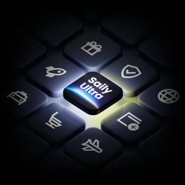Glowing Saily Ultra button surrounded by icons representing travel perks and security features.