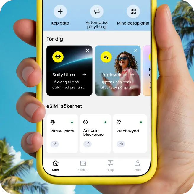 En hand håller en telefon med appen Saily öppen, som visar alternativ för att hantera eSIM-abonnemang, mobildata och säkerhetsfunktioner.