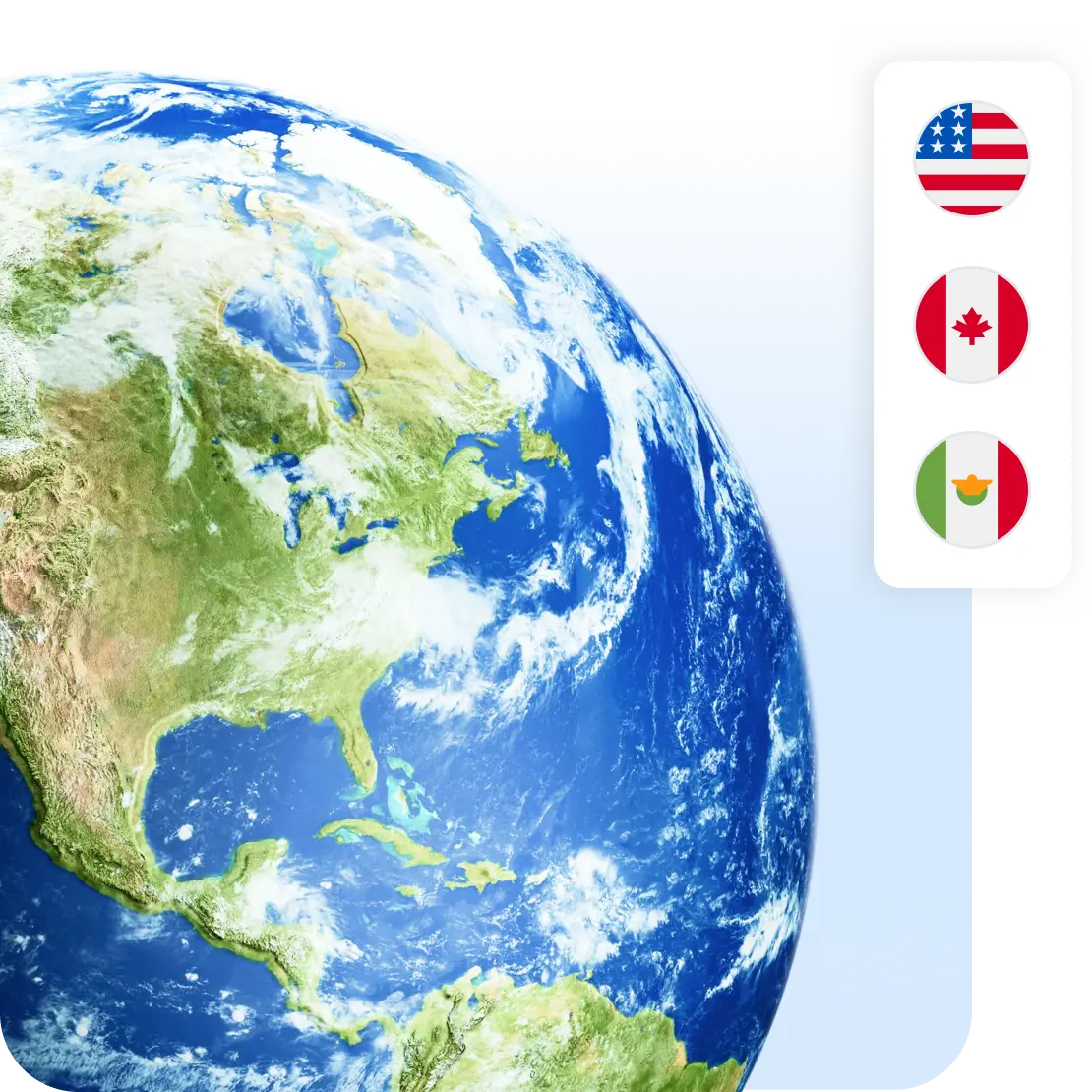 Globe highlighting North America with flags for the World Cup™ host countries: US, Canada, and Mexico.