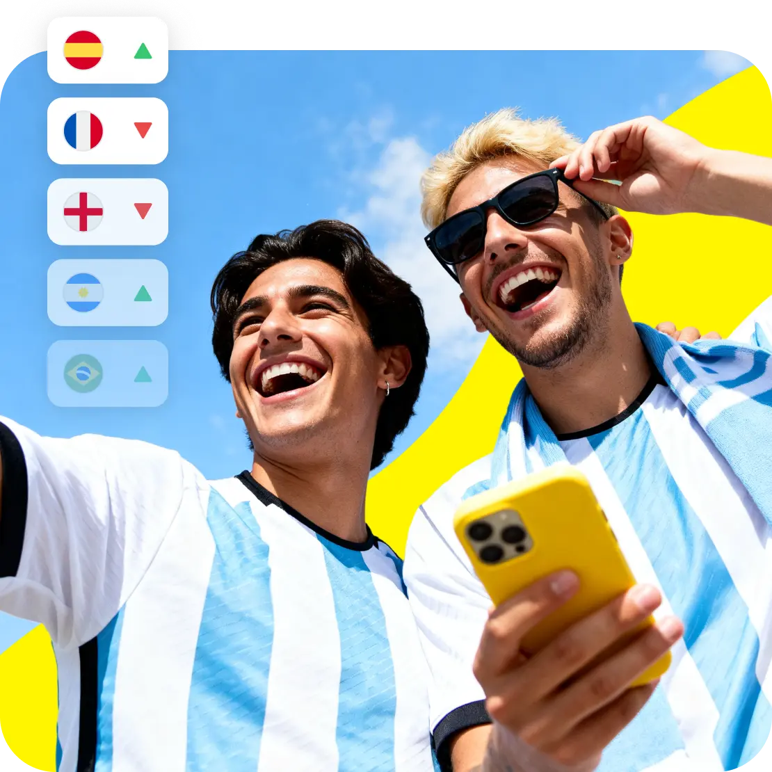 Cheering soccer fans looking at a phone next to a list of World Cup™ favorite national teams.
