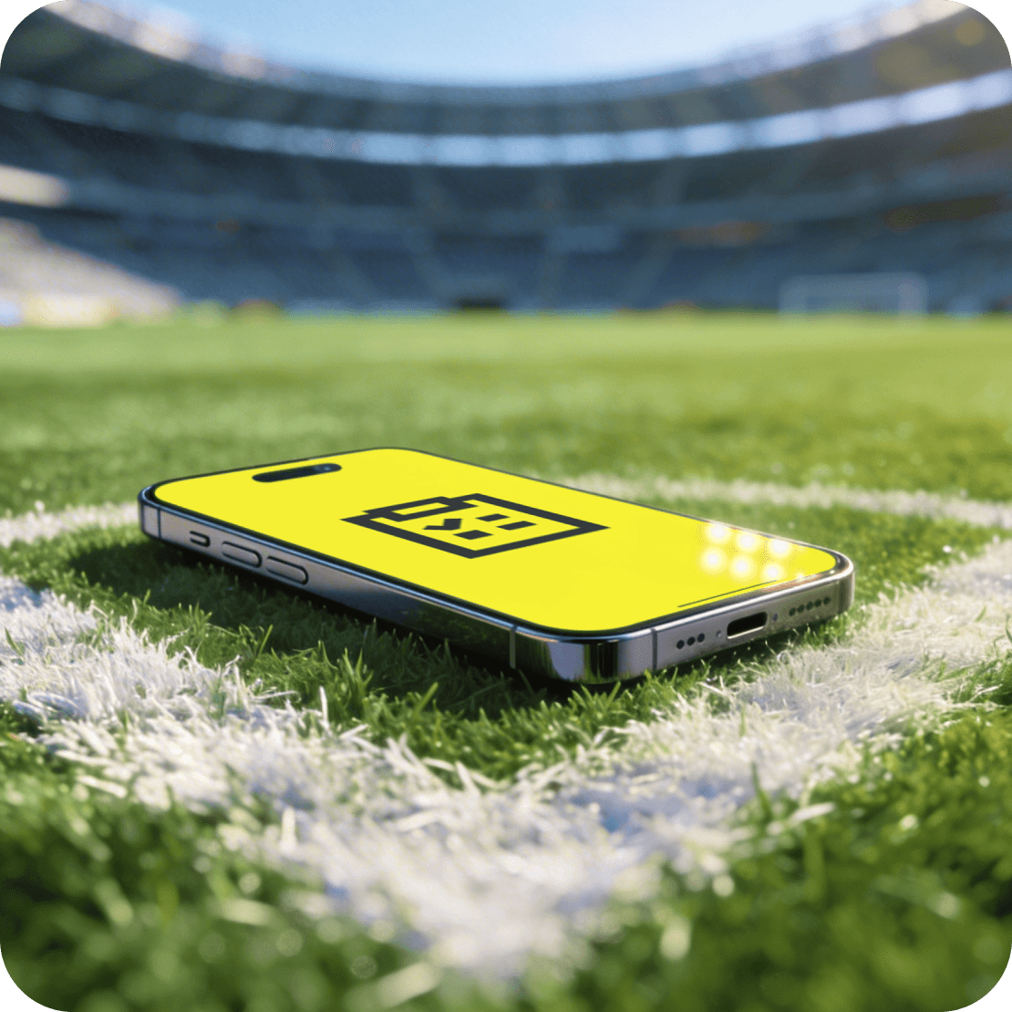 Smartphone with the Saily eSIM app resting on the chalk line of a stadium soccer pitch.